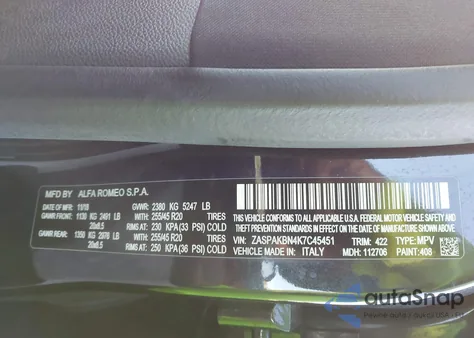 2019 Alfa Romeo Stelvio Ti Sport Awd z USA, uszkodzony, nr VIN ZASPAKBN4K7C45451